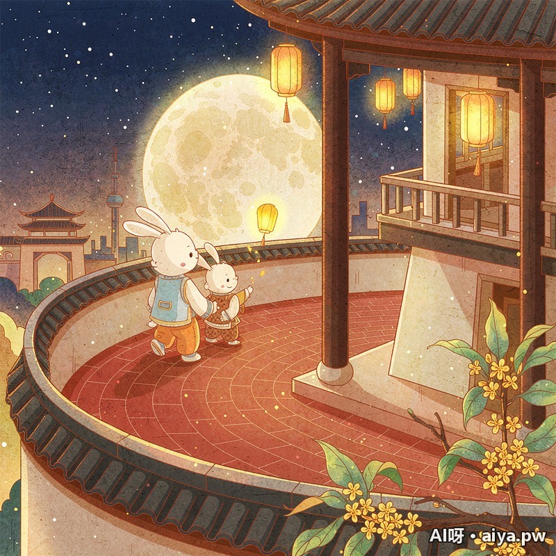 中秋月夜玉兔团圆插画 效果示例